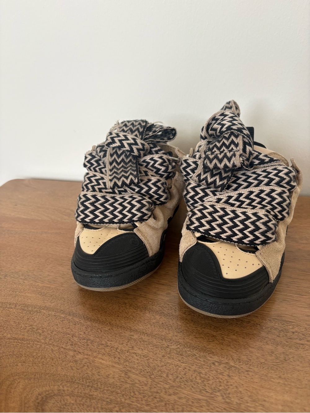 Lanvin Kids High-Top Sneakers in Beige and Black with Zigzag Laces